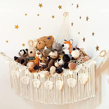 Imagem de ANROYE Rede de brinquedo para animais de pelúcia de macramê com luz de estrelas, armazenamento boho pequeno de pelúcia para berçário, organizador de parede de canto para crianças, suporte de exibição