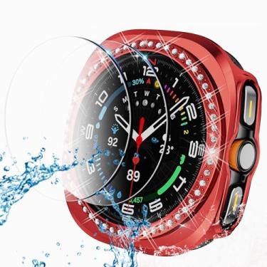 Imagem de Capa para Samsung Galaxy Watch 7 Ultra protetor de tela de 47 mm, 1 capa protetora rígida de PC Bling Dimond + 2 películas protetoras de vidro temperado antiembaçamento, conjunto de capa protetora