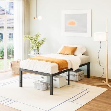 Imagem de FSCHOS Estruturas de cama de solteiro/Moldura de cama de metal de 45,72 cm - Solteiro sem necessidade de mola de caixa/Montagem fácil/Suporte de ripas de aço reforçado/Base para colchão resistente/Sem ruído/Preto