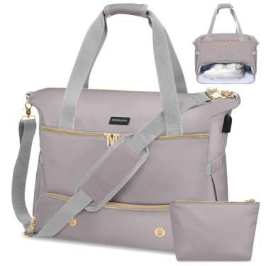 Imagem de Bolsa feminina de fim de semana, bolsa de viagem grande com compartimento para sapatos e bolso molhado, bolsa de mão, bolsa de ginástica, Cinza, Bolsa de viagem