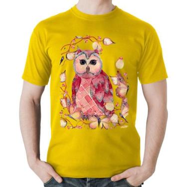 Imagem de Camiseta Algodão Coruja e Folhas - Foca na Moda, Amarelo, GG