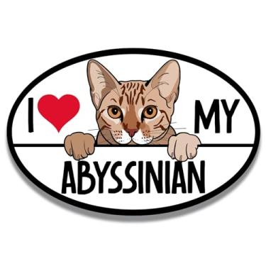 Imagem de Magnet Me Up Adesivo magnético de carro da raça I Love My Abyssinian Cat, 10 x 15 cm, ímã de para-choque com design de gato espiando, sem pelos, padrão atlético malhado, decalque de carro felino,