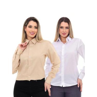 Imagem de KIT 2 Peças - Camisa Social Feminina Premium Tipo Linho Bege e  Camisa