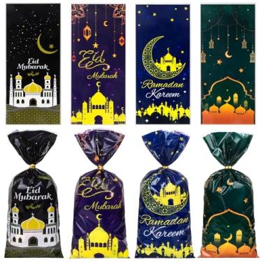 Imagem de GOMANCHE Eid Mubarak Sacos de guloseimas de celofane, 100 peças de plástico transparente Ramadã com 100 peças de laços torcidos, sacos de presente Eid Mubarak para decorações de festa Eid Mubarak