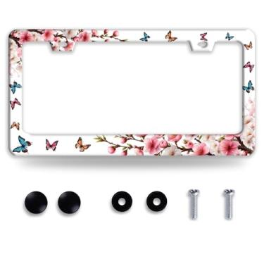 Imagem de Moldura de placa de licença borboleta flor de cerejeira molduras engraçadas para placa de carro peças decorativas placa de carro aço inoxidável para suporte de placa de licença padrão EUA Canadá 30 x