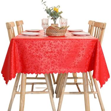 Imagem de Qubjus Toalha de mesa retangular de renda de vinil, resistente, jacquard, impermeável, à prova de derramamento, para capa de mesa, 152 x 264 cm, vermelha