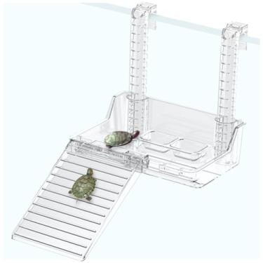 Imagem de La La Pet Plataforma suspensa elevada de tartaruga com escada removível tigela de comida ajustável acrílico transparente tartaruga descanso terraço réptil habitat para aquário aquário decoração P