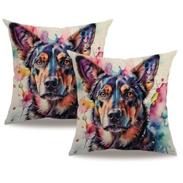 Imagem de 7COLORROOM Capas de almofada de aquarela com estampa de cachorro 45,7 x 45,7 cm, decoração de casa de fazenda, primavera, verão, 2 unidades, fronhas quadradas para sofá de pátio (rosa)