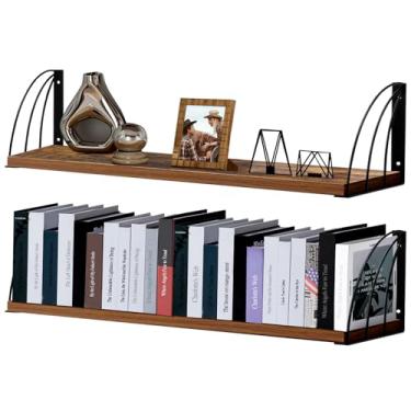 Imagem de Prateleiras longas flutuantes rústicas marrons de 91 cm para parede - design curvado em forma de leque com suportes de livros antiderrapantes embutidos, prateleiras flutuantes de MDF de 1,8 cm de