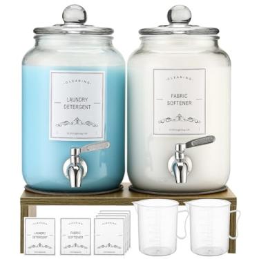 Imagem de Dispensador de detergente para roupas de vidro com suporte, dispensador de amaciante de tecido de vidro à prova de vazamento de 3005 g - Dispensador de sabão em pó - Recipiente reutilizável para