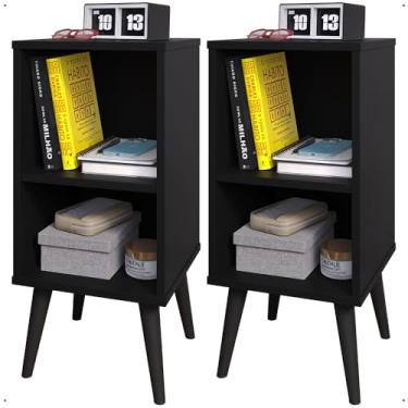 Imagem de Kit 2 Mesinha de Cabeceira Retrô Cama Box Charme com Prateleira (Preto)