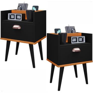 Imagem de KIT 2 Mesa de Cabeceira Compacta Retrô com Suporte para Celular Milena Gaveta e Puxador Concha (PRETO/AMADEIRADO)