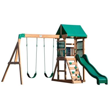 Imagem de Playground Infantil de Madeira com Caixa de Areia, Parede de Escalada, Escorregador e 2 Balanços, Backyard Discovery, Verde