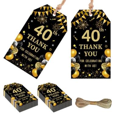 Imagem de Serencatcher Etiquetas de agradecimento de aniversário de 40 anos pretas e douradas - 50 peças de etiquetas de presente de lembrancinha de agradecimento com cordão de 4 x 8 cm para homens e mulheres