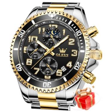 Imagem de OLEVS Relógio masculino de aço inoxidável, mostrador grande, casual, relógio de pulso, analógico, dia, data, à prova d'água, luminoso, G2926: pulseira de dois tons e mostrador preto, Presente de luxo