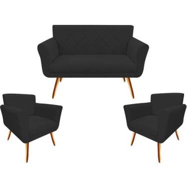 Imagem de Kit Namoradeira + 2 Poltronas Decorativa Sabrina Couro Preto Pés Madei