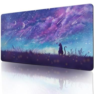 Imagem de Tapete de rato roxo para jogos XL gato fofo tapete de mesa tapete de teclado kawaii gato céu tapete de rato azul decoração de mesa com bordas costuradas antiderrapante grande tapete de computador 80 x