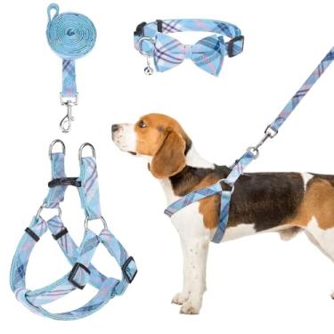 Imagem de Conjunto de arnês para cães com coleira e coleira de gravata borboleta – Peitoral xadrez azul para filhotes, à prova de fuga, ajustável, sem puxão, para caminhadas ao ar livre, adequado para cães pequenos, médios e grandes PP