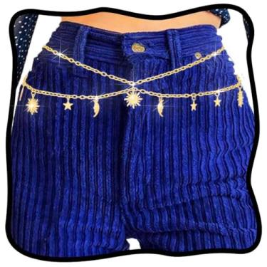 Imagem de Urieo Boho cinto de corrente de sol dourado lua corrente estrela metal em camadas biquíni festa praia corrente corrente joia corporal para mulheres, Total length 29.52in+11.81in, liga metálica, Liga