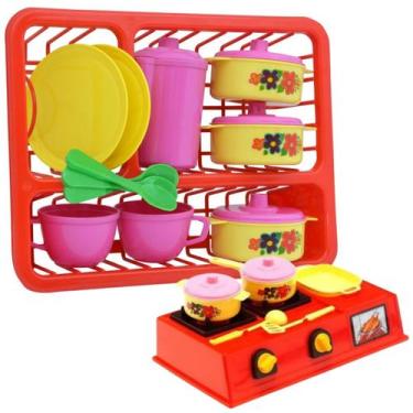 Imagem de Kit Cozinha Infantil Fogão Escorredor Louças Potes Brinquedo - Diverto