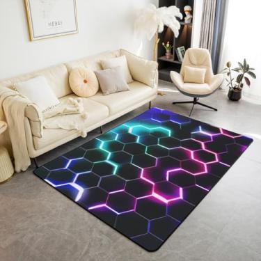 Imagem de Tapete de área xadrez colorido neon claro 9,5 x 1,5 m preto geométrico patchwork hexágono decoração tapete antiderrapante para adolescentes adultos moderno Abstarct grade estilo simples tapete interno