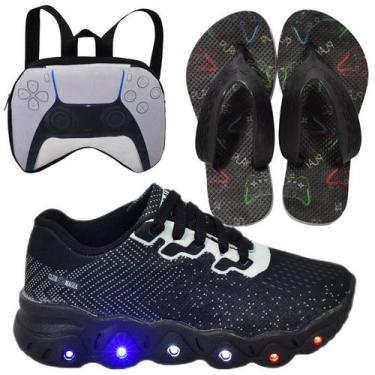 Imagem de Tênis Infantil Cadarço Feminino Masculino Com Led Escolar +Chinelo+Moc