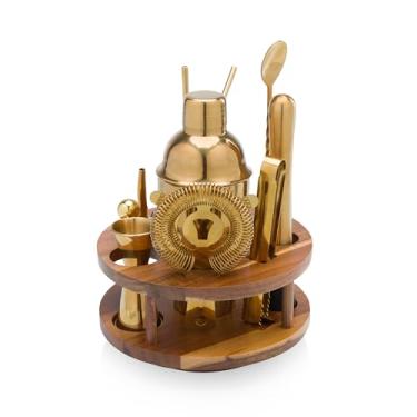 Imagem de PICNIC TIME Carrossel Conjunto de ferramentas de bar de 13 peças, conjunto de coqueteleira, kit de barman mixologia com suporte Lazy Susan, (madeira de acácia e ouro)