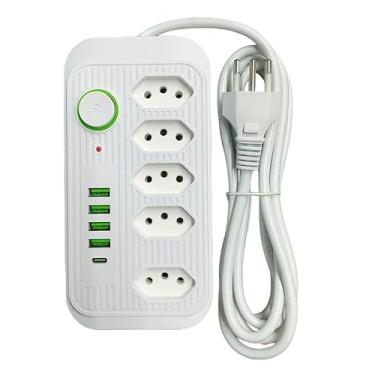 Imagem de Filtro de Linha, Extensão Régua Tomada com 5 Tomadas, 4 USB e 1 USB-c, Cabo de 1,9 Metros, Bivolt - Branco