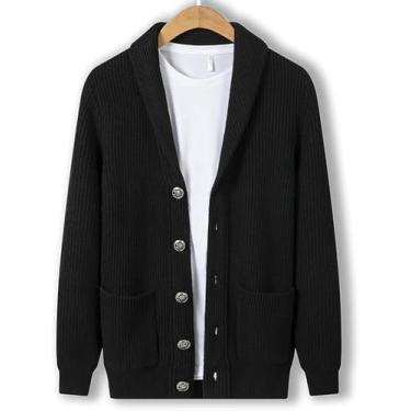 Imagem de Suéter De Lã Pura Para Homens, Cardigan De Tricô Com Gola De Frutas Verde, Cardigan De Tricô De Cabo, Sobretudo De Malhas Com Botão De Gola Xale, Svart, XL