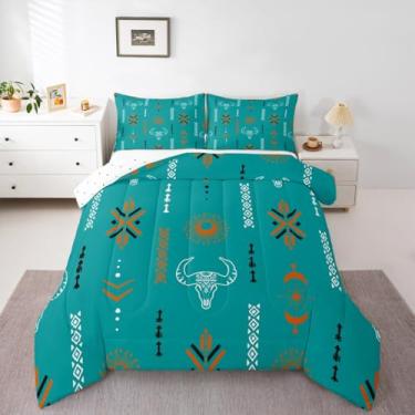 Imagem de jejeloiu Conjunto de edredom asteca ocidental, tamanho king, geométrico do sudoeste, vintage, boêmio, touro, caveira, tribal, abstrato, verde, macio, 3 peças