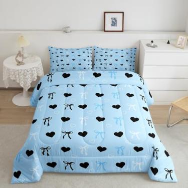 Imagem de Feelyou Conjunto de edredom casal com gravata borboleta, coração, amor, para crianças, meninos, meninas, edredom com laço, azul, preto e branco, decoração romântica de quarto