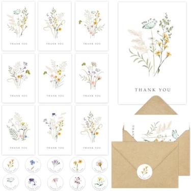 Imagem de Pacote com 48 cartões florais de agradecimento com envelopes, notas de agradecimento de flores silvestres em aquarela com adesivos de envelopes kraft para aniversário, casamento, chá de panela, chá de