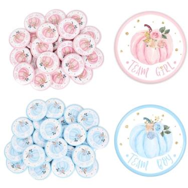 Imagem de FYSUIMU 50 peças de broches de botão de revelação de gênero de abóbora de time menina menino botões rosa azul emblemas para outono Ação de Graças chá de bebê lembrancinhas de jogos suprimentos