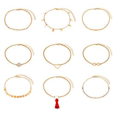 Imagem de Tornozeleiras NVENF 9 peças femininas com corrente em camadas conjunto de pulseiras de tornozelo Bohemia coração lantejoulas tornozeleiras ajustáveis verão praia pé joia Dourado