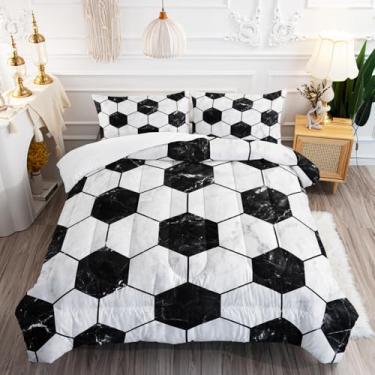 Imagem de AILONEN Conjunto de edredom de futebol, tamanho casal, preto e branco, para crianças, adolescentes, meninos, meninas, 1 colcha + 2 fronhas, 3 peças