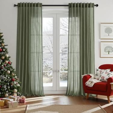 Imagem de Cortinas de linho transparente verde-oliva 228 cm de comprimento com aba traseira com filtro de luz para sala de estar, cortina semitransparente minimalista neutra para sala de jantar, quarto, 228 cm