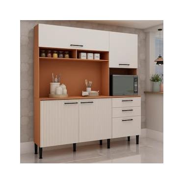 Imagem de Cozinha Compacta Genialflex Lisboa com 5 Portas, 2 Gaveta, 2 Prateleiras e 180cm de largura – Freijó/White Laca