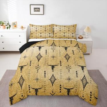 Imagem de Erosebridal Conjunto de edredom ocidental, solteiro, caveira de touro, asteca, para adultos, homens e mulheres, boêmio, chifres abstratos, marrom, decoração de quarto, arte geométrica, minimalista