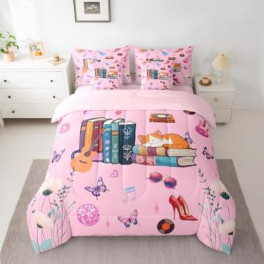 Imagem de Jogo de cama solteiro com estampa de gato, 7 peças, cantora, música, livros e gatos, rosa, decoração de quarto, edredom com edredom, lençóis, fronhas e capa de almofada