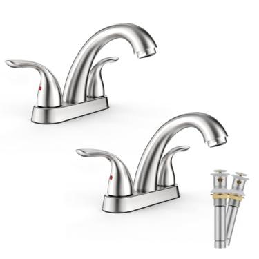 Imagem de Phiestina Centerset Torneira de pia de banheiro de aço inoxidável de 10 cm de níquel escovado com 2 ou 3 furos, pacote com 2, torneira de banheiro com 2 alças com dreno pop-up de cobre e linhas de