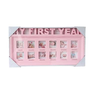 Imagem de IEUDNS Moldura para fotos do primeiro ano, moldura para lembranças de bebê, colagem, exibição de fotos de bebês, álbum de mesa de parede para novos pais e, Rosa