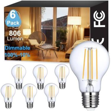Imagem de Vinaco Lâmpada LED regulável A19 2700K branco quente, 6 peças A19 lâmpada Edison, 8W igual a 60W, lâmpadas Edison de longa duração 806LM E26 LED CRI85+ para sala de estar, lustre