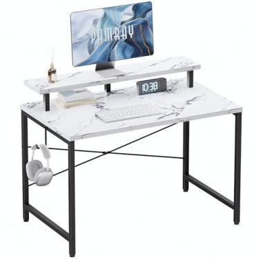 Imagem de Pamray Mesa de computador pequena de 81 cm com suporte para monitor, mesa de escritório simples com gancho de fone de ouvido para espaços pequenos, mesa de estudo infantil para quarto, mármore