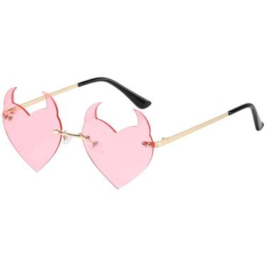 Imagem de Junsika Óculos de sol sem aro com coração de diabo para mulheres, novidade moderna, festa de Halloween, chifres, proteção UV400, C: rosa, G