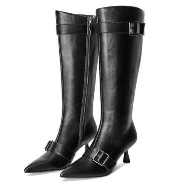 Imagem de ElegaStep Botas de cano alto para mulheres, salto gatinho, bico fino, longo, fivelas, Publack, 35