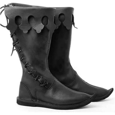 Imagem de Botas De Couro Pu Medievais - Renaissae Botas De Cosplay Medievais Com Cadarços Para Cima Sapatos Botas Masculinas De Panturrilha Sapatos Festival Larp Botas Planas De Cavaleiro, Black, 44 EU