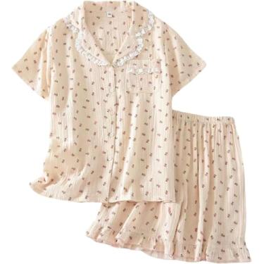 Imagem de Pijamas Para Mulheres Algodão Verão Mulheres Pijamas Polka Print Pijamas Shorts De Manga Curta Feminina Conjunto De 2 Peças, B, XL