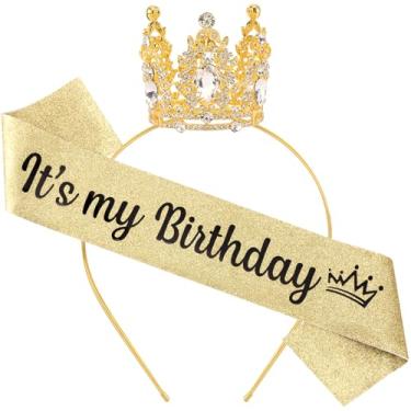 Imagem de It's My Birthday Sash for Women Tiara & Crowns Headbands for Girls Happy Birthday Party Accessories Favor Supllies Leona Gold Pink Black, 2 Pack
