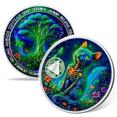 Imagem de Moeda Glow Forest Cat 1 ano, Moeda de Sobriedade, Moedas AA de Afirmação, Árvore da Vida Addiction Recovery Moeda sóbria de um ano, símbolo de comemoração de aniversário de recuperação, presentes de
