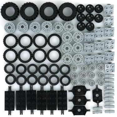 Imagem de Conjunto de blocos de construção de rodas e eixos, pneus de caminhão para veículos compatíveis com peças clássicas de carros de tijolos